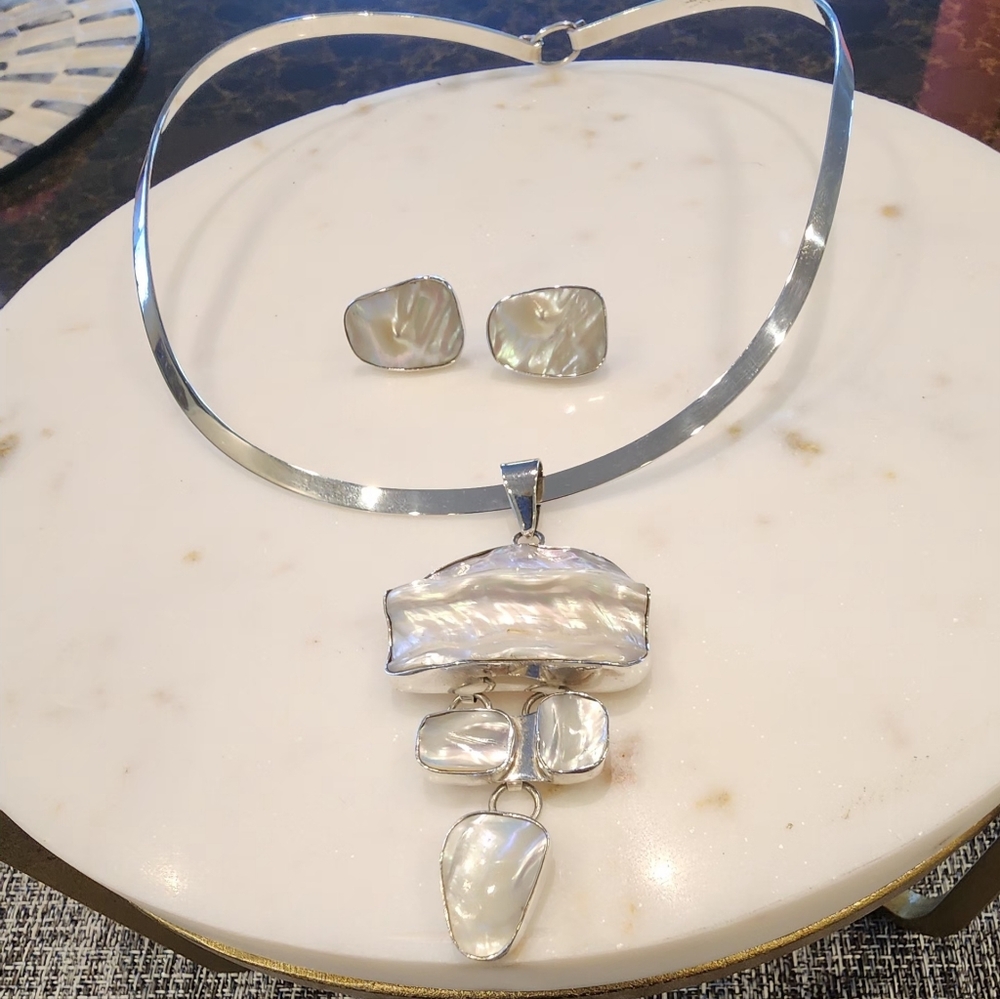 Sterling Silver Mother-of-Pearl Drop Necklace and Stud Earrings - White